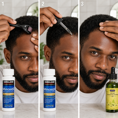 Sérum Minoxidil,  Dermaroller & Huile d'entretien – Repousse Capillaire Rapide et Naturelle.