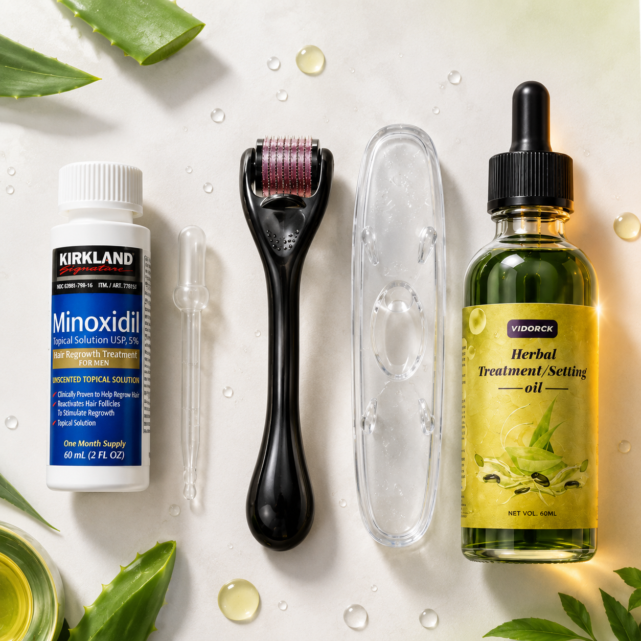 Sérum Minoxidil,  Dermaroller & Huile d'entretien – Repousse Capillaire Rapide et Naturelle.
